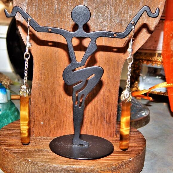 Fire From the Tigers Eye Hoop Dangle Earrings - Picture 2 of 8